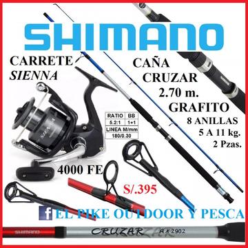 Caña De Pesca 2.70 M Carrete Sienna 4000FE Shimano Pescar