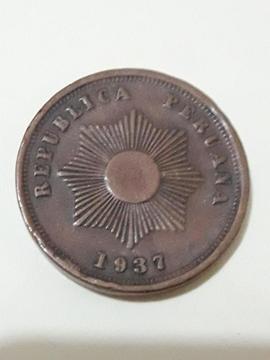 Moneda Peruana 1937 Dos Centavos