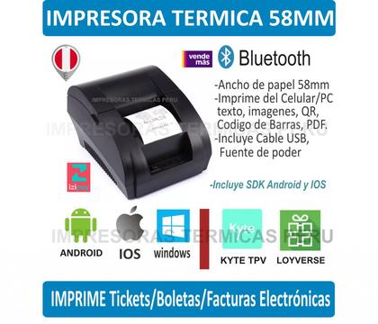 Impresora Termica 58mm Portable Bluetooth Ticketera Bol/Fact Electronica