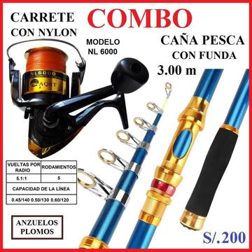 Combo de Pesca Caña 3.00 M Carrete 6000 Nylon Anzuelos Plomos Pescar