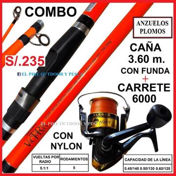 Caña Pesca 3.60m Victoria Carrete 6000 Nylon Anzuelos Plomos