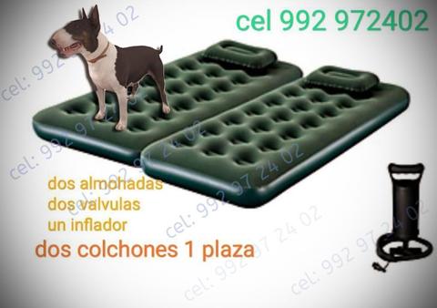 colchon inflable doble 2almohadas 1inflador 2valvulas, dos colchones de una plaza en un solo paquete