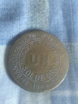 Moneda Un Sol Peruana de Oro del año 1944