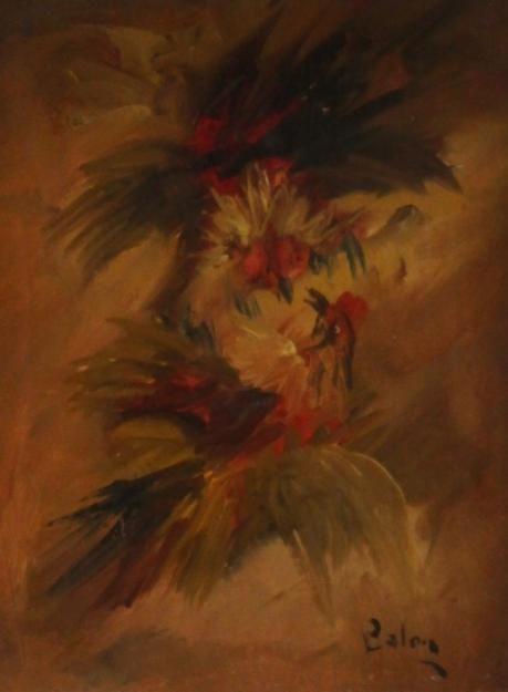 PINTURA AL OLEO VINTAGE EN MADERA PELEA DE GALLOS