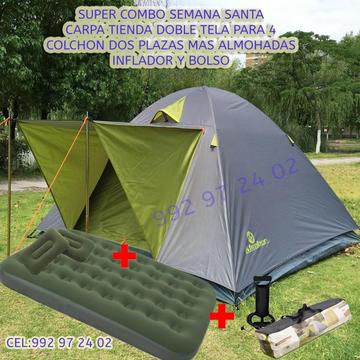 carpa tienda doble tela, con colchon de dos plazas inflable almohadas inflador y bolso