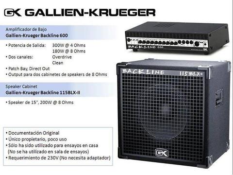 Amplificador para Bajo y Speaker Gallien Krueger -Backline 600 y 115BLX-II