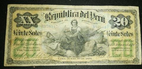 Billete Peru 20 Soles 1879 Bank Notes