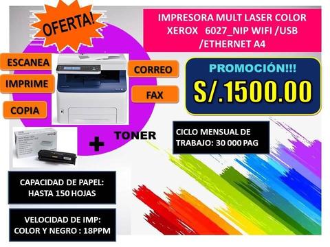 IMPRESORA MULT LASER COLOR XEROX 6027_NIP WIFI /USB /ETHERNET A4