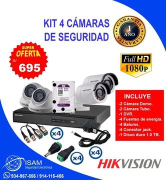 kit 4 Cámaras De Seguridad Hikvision full Hd disco 1tb