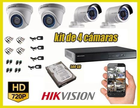 kit de 4 cámaras de seguridad en HD disco de 500gb HIKVISION