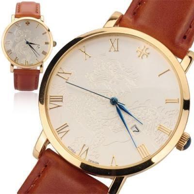 DEL DRAGÓN IMPRESIÓN DE LOS HOMBRES DIAL CALENDARIO RESISTENTE AL AGUA GENUINE LEATHER BAND BROWN COD:23682