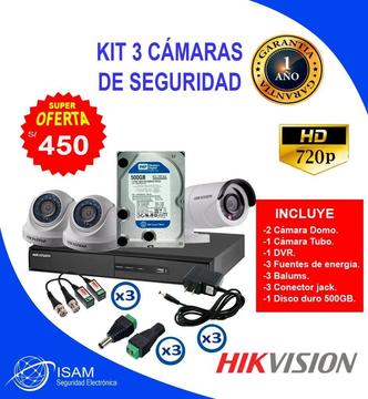 kit 3 Cámaras De Seguridad Hikvision Hd disco 500 GB