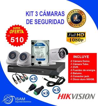 kit 3 Cámaras De Seguridad Hikvision full Hd disco 500 GB