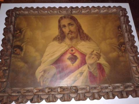 imagen del sagrado corazón de jesus en cuadro de cedro tallado