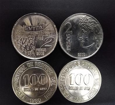 4 Monedas de colección: 2 argentinas (Evita Perón) y 2 peruanas