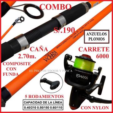 Caña De Pesca Victoria 2.70m Carrete 6000 Combo Pescar Nylon Anzuelos Plomos