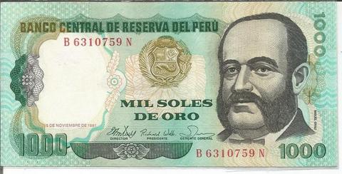Billete sin circular de Perú de 1000 soles de 1981