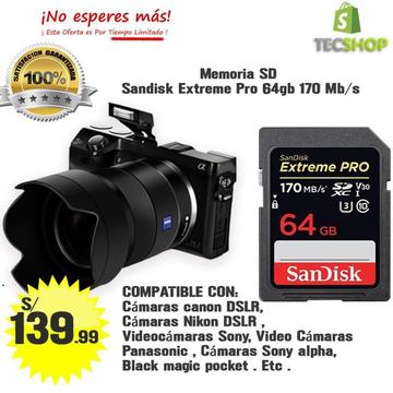 Memoria SD Sandisk Extreme Pro 64 GB 170mb/s U3 UHS-I 4K Profesional