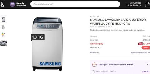 Lavadora Samsung 13 Kilos Ploma Nueva con Garantia Somos Tiendas Comprass