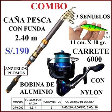 CAÑA DE PESCA 2.40 M TELESCÓPICA CARRETE 6000 ALUMINIO SEÑUELOS NYLON ANZUELOS Y PLOMOS